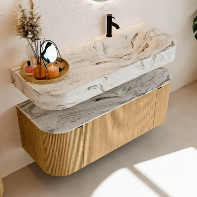 MONDIAZ THOR-DLUX 120cm badmeubel ronding links + rechts kleur Oak met 1 lade en 2 deuren. Vrijhangende wastafel CLOUD Rechts 1 kraangat kleur Glace.