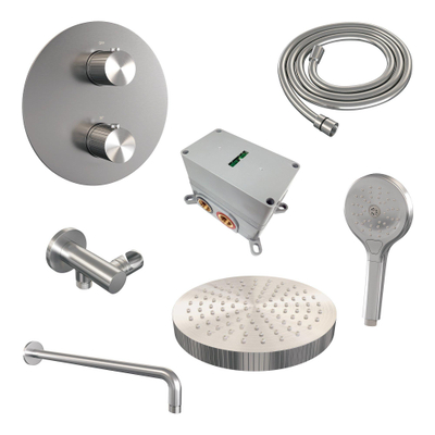 BRAUER Stripe Thermostatische Inbouw Regendouche - 3-weg - rond - 25cm douchekop - gebogen muurarm - 3-standen handdouche - doucheslang - wandaansluitbocht - RVS-kleurig geborsteld PVD
