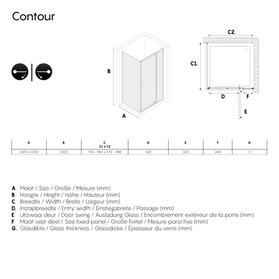 Sealskin Contour draaideur met zijwand 100x100 cm, 200 cm hoog, zwart, 6 mm helder veiligheidsglas