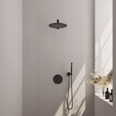 BRAUER Black Edition douche de pluie encastrée thermostatique - 3 voies - rond - set 74 - pomme de douche 30cm - bras mural droit - douchette barre - flexible de douche - coude mural - noir mat