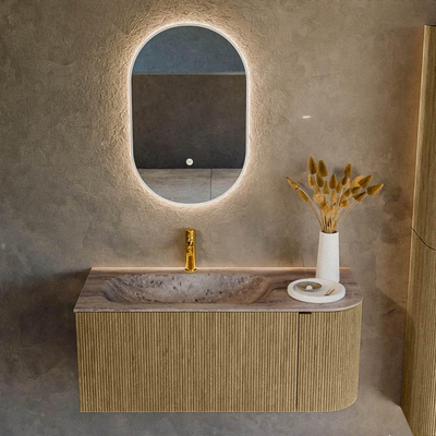 MONDIAZ KURVE-DLUX Meuble de salle de bains 105cm arrondi à droite couleur Dusk avec 1 tiroir et 1 porte. Lavabo BIG SMALL à gauche 1 trou de robinet Oza.