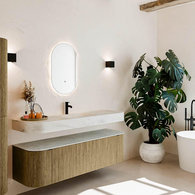 MONDIAZ THOR-DLUX 160cm meuble de salle de bains arrondi gauche + droite couleur Dusk avec 1 tiroir et 2 portes. Vasque suspendue CLOUD Milieu 1 trou de robinet couleur Opalo.