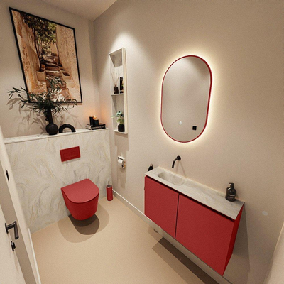 MONDIAZ TURE-DLUX Meuble toilette - 80cm - Fire - EDEN - vasque Ostra - position gauche - sans trou de robinet