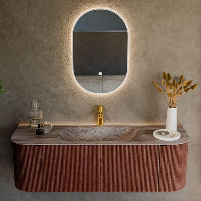 MONDIAZ KURVE-DLUX Meuble de salle de bains 140cm arrondi Gauche + Droite couleur Ruby avec 1 tiroir et 2 portes. Lavabo BIG SMALL Central 1 trou de robinet Oza.