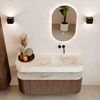 MONDIAZ THOR-DLUX 130cm meuble de salle de bains arrondi gauche + droite couleur Walnut avec 1 tiroir et 2 portes. Vasque suspendue CLOUD droite sans trou de robinet couleur Ostra.