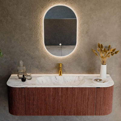 Ensemble de meuble de salle de bain Mondiaz KURVE-DLUX - 140x46x40cm - 1 tiroir - 2 portes - lavabo en solid surface - milieu - 1 trou de robinet - Ruby