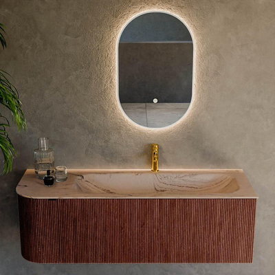 MONDIAZ KURVE-DLUX Meuble de salle de bains 135cm arrondi à gauche couleur Ruby avec 1 tiroir et 1 porte. Lavabo BIG MEDIUM à droite 1 trou de robinet Arena.