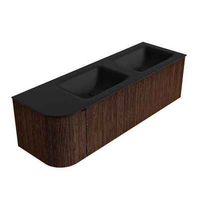 MONDIAZ KURVE 145cm badmeubel met module 25 L kleur Walnut met 1 lade en 1 deur. Wastafel CLOUD dubbel / rechts zonder kraangat Urban.