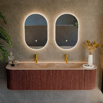 MONDIAZ KURVE-DLUX 170cm badmeubel ronding Links + Rechts kleur Ruby met 1 lade en 2 deuren. Wastafel LEAF Dubbel 2 kraangaten Arena.