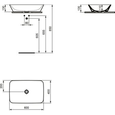 Ideal Standard Connect Air opbouwwastafel rechthoekig zonder kraangat zonder overloop 60x40cm wit