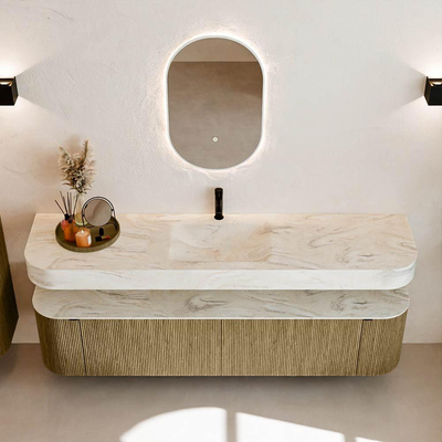 MONDIAZ THOR-DLUX Meuble de salle de bains 190cm arrondi gauche + droite couleur Dusk avec 2 tiroirs et 2 portes. Vasque suspendue CLOUD Milieu 1 trou de robinet couleur Ostra.