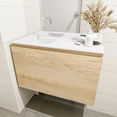 MONDIAZ OLAN Toiletmeubel 80x30x40cm met 0 kraangaten 1 lades washed oak mat Wastafel Lex links Solid Surface Wit