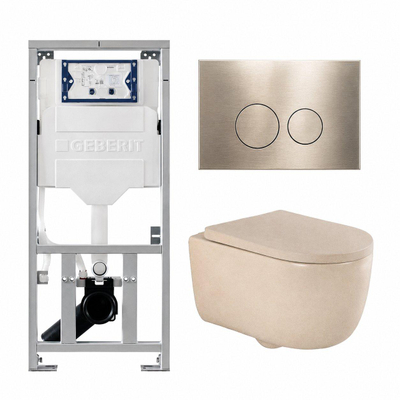 QeramiQ Dely Swirl Ensemble WC - 36.3x51.7cm - Réservoir encastré Geberit UP320 - Siège de 35mm d'épaisseur - Plaque de commande en laiton brossé - Boutons ronds - Beige