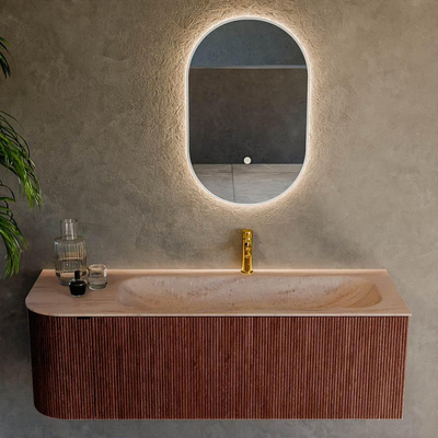 MONDIAZ KURVE-DLUX meuble de salle de bains 135cm arrondi à gauche couleur Ruby avec 1 tiroir et 1 porte. Vasque BIG MEDIUM à droite 1 trou de robinet Saba.