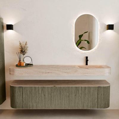 MONDIAZ THOR-DLUX 180cm meuble de salle de bains arrondi gauche + droite couleur Shadow avec 2 tiroirs et 2 portes. Vasque suspendue CLOUD Droite 1 trou de robinet couleur Saba.