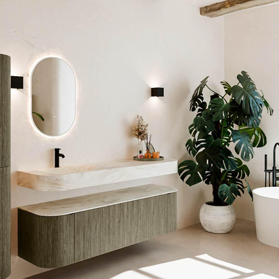 MONDIAZ THOR-DLUX 160cm meuble de salle de bains arrondi gauche + droite couleur Shadow avec 1 tiroir et 2 portes. Vasque suspendue CLOUD Gauche 1 trou de robinet couleur Ostra.