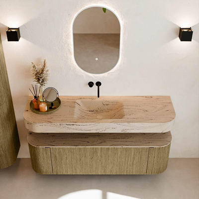 MONDIAZ THOR-DLUX 150cm meuble de salle de bains arrondi gauche + droite couleur Dusk avec 1 tiroir et 2 portes. Vasque suspendue CLOUD centrale sans trou de robinet couleur Arena.