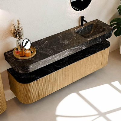 MONDIAZ THOR-DLUX 180cm meuble de salle de bains arrondi gauche + droite couleur Oak avec 2 tiroirs et 2 portes. Vasque suspendue CLOUD Droite 1 trou de robinet couleur Lava.