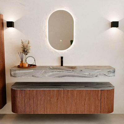 MONDIAZ THOR-DLUX 170cm meuble de salle de bains arrondi gauche + droite couleur Ruby avec 1 tiroir et 2 portes. Vasque suspendue CLOUD Milieu 1 trou de robinet couleur Sombra.