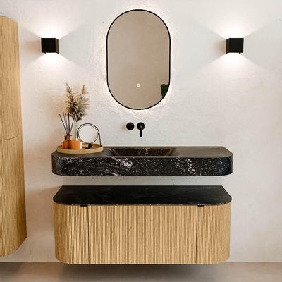 MONDIAZ THOR-DLUX 120cm badmeubel ronding links + rechts kleur Oak met 1 lade en 2 deuren. Vrijhangende wastafel CLOUD Midden zonder kraangat kleur Lava.