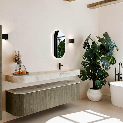 MONDIAZ THOR-DLUX 180cm meuble de salle de bains arrondi gauche + droite couleur Shadow avec 2 tiroirs et 2 portes. Vasque suspendue CLOUD Droite 1 trou de robinet couleur Frappe.