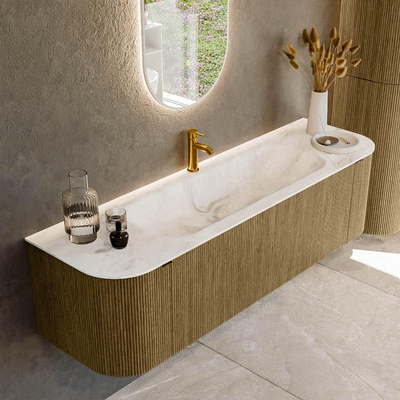 Mondiaz KURVE-DLUX Badkamermeubelset - 160x46x40cm - 1 lade - 2 deuren - wastafel solid surface - midden - 1 kraangat - Dusk