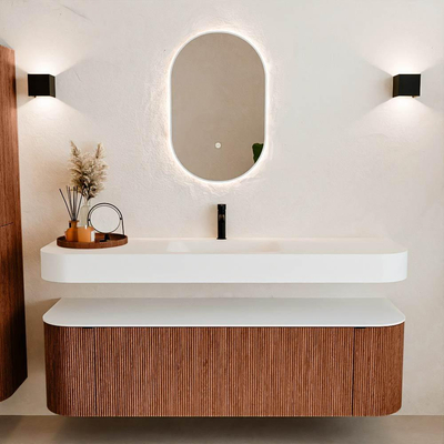 MONDIAZ THOR 160cm meuble de salle de bains arrondi gauche + droite couleur Ruby avec 1 tiroir et 2 portes. Vasque suspendue CLOUD Milieu 1 trou de robinet couleur Talc.