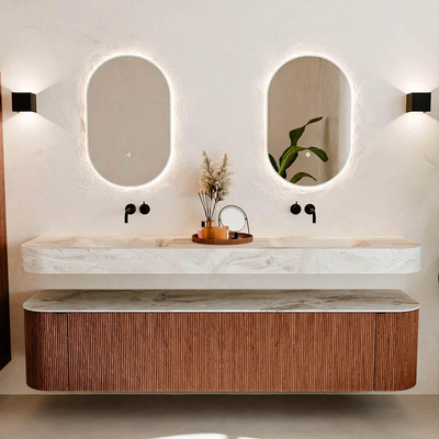 MONDIAZ THOR-DLUX 200cm meuble de salle de bains arrondi gauche + droite couleur Ruby avec 2 tiroirs et 2 portes. Vasque suspendue CLOUD Double sans trou de robinet couleur Frappe.