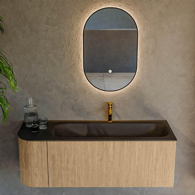 MONDIAZ KURVE 125cm Meuble salle de bain avec module 25 G - couleur Oak - 1 tiroir - 1 porte - vasque BIG MEDIUM droite - 1 trou de robinet - Urban