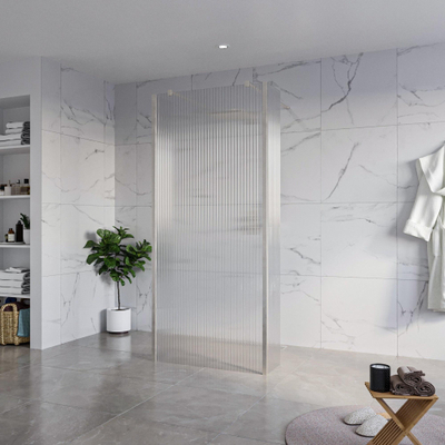 FugaFlow Eccelente Vetro Douche à l'italienne - 90x200cm - verre clair nervuré - anticalcaire - verre de sécurité 8mm - 2 parois latérales 30cm - avec bras muraux et profilés d'angle - Inox brossé