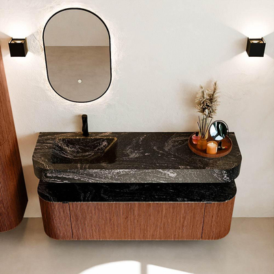 MONDIAZ THOR-DLUX 150cm meuble de salle de bains arrondi gauche + droite couleur Ruby avec 1 tiroir et 2 portes. Vasque suspendue CLOUD gauche 1 trou de robinet couleur Lava.