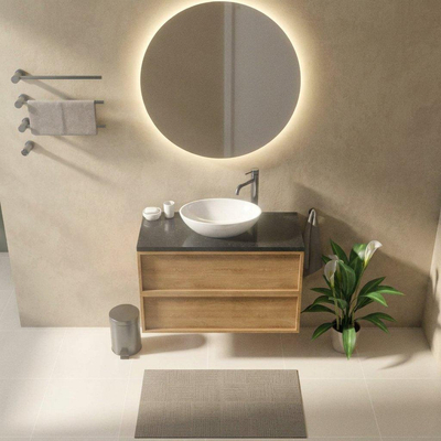 Saniclass Holz Frame Ensemble de meuble de salle de bains - 100x45x63cm - plan vasque en basalte Noche poli (noir) - 1 trou de robinetterie - 2 tiroirs - chêne natural mat (bois)
