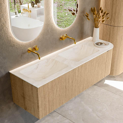 MONDIAZ KURVE-DLUX 145cm badmeubel met module 25 R kleur Oak met 1 lade en 1 deur. Wastafel LEAF dubbel / links zonder kraangat kleur Ostra.