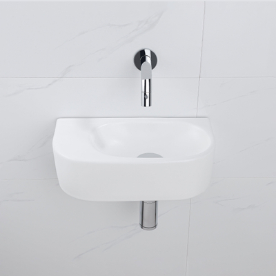 QeramiQ Fuente Ensemble de Lavabo - 40x21.5x12cm - lisse - demi-rond - céramique - ensemble de robinet chrome - bouchon de vidange - siphon abaissé - blanc mat