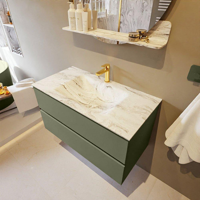 Mondiaz VICA-DLUX Ensemble de meuble de salle de bain - 90cm - meuble sous-vasque armée - 2 tiroirs - lavabo encastré nuage milieu - 1 trou de robinet - version haute 60cm - glace