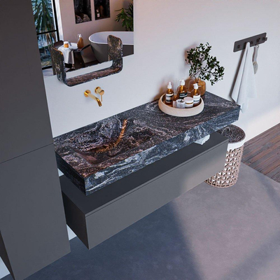 Mondiaz ALAN-DLUX Ensemble de meuble - 130cm - meuble Plata mat - 1 tiroir - Lavabo Cloud Lava suspendu - vasque Gauche - 0 trous de robinet