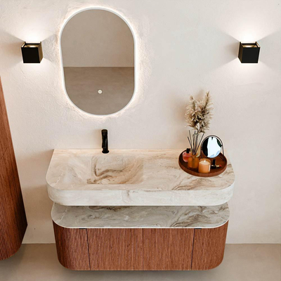 MONDIAZ THOR-DLUX 120cm meuble de salle de bains arrondi gauche + droite couleur Ruby avec 1 tiroir et 2 portes. Vasque suspendue CLOUD Gauche 1 trou de robinet couleur Frappe.