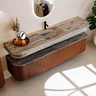 MONDIAZ THOR-DLUX 190cm badmeubel ronding links + rechts kleur Ruby met 2 lades en 2 deuren. Vrijhangende wastafel CLOUD Midden 1 kraangat kleur Sombra.