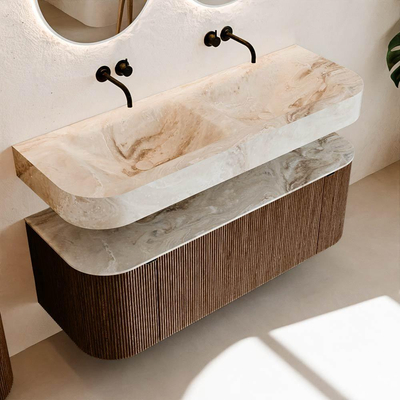 MONDIAZ THOR-DLUX 130cm meuble de salle de bains arrondi gauche + droite couleur Walnut avec 1 tiroir et 2 portes. Vasque suspendue CLOUD Double sans trou de robinet couleur Frappe.