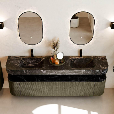 MONDIAZ THOR-DLUX 200cm meuble de salle de bains arrondi gauche + droite couleur Shadow avec 2 tiroirs et 2 portes. Vasque suspendue CLOUD Double 2 trous de robinet couleur Lava.