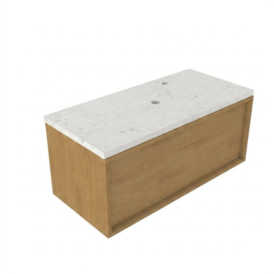 Saniclass Holz Frame Ensemble de meuble de salle de bains - 100x45x43cm - Plan vasque en marbre Dia poli (blanc) - 1 trou de robinetterie - 1 tiroir - chêne natural mat (bois)