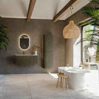 MONDIAZ KURVE-DLUX Meuble de salle de bains 105cm arrondi à droite couleur Shadow avec 1 tiroir et 1 porte. Lavabo BIG SMALL gauche 1 trou de robinet Oza.