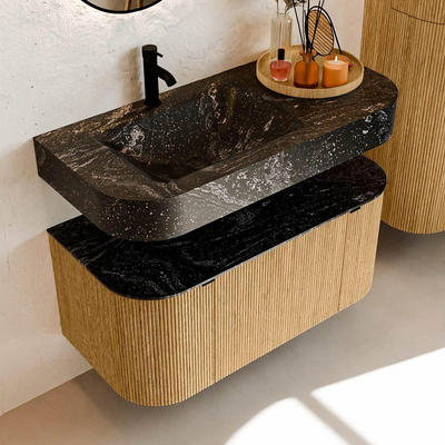 MONDIAZ THOR-DLUX 100cm badmeubel ronding links + rechts kleur Oak met 1 lade en 2 deuren. Vrijhangende wastafel CLOUD Links 1 kraangat kleur Lava.