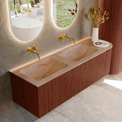 MONDIAZ KURVE-DLUX 145cm badmeubel ronding Rechts kleur Ruby met 1 lade en 1 deur. Wastafel LEAF Dubbel / Links zonder kraangat Saba.