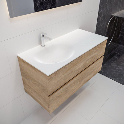 ENSEMBLE DE MEUBLE MONDIAZ VICA - 100cm - 2 tiroirs - lavabo Moon gauche - 1 trou de robinet - solid surface chêne blanchi