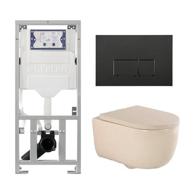 QeramiQ Dely Swirl Ensemble WC- 36.3x51.7cm - Réservoir encastré Geberit UP320 - Abattant de 35mm d'épaisseur - Plaque de commande noire mate - Boutons rectangulaires - Beige