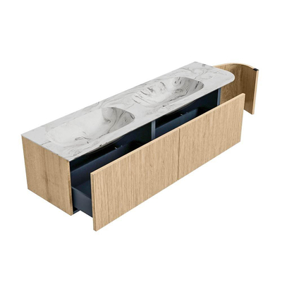 MONDIAZ KURVE-DLUX meuble de salle de bains 175 cm avec module 25 R couleur chêne avec 2 tiroirs et 1 porte. Lavabo STOR SMALL double / gauche 2 trous de robinet couleur Glace.