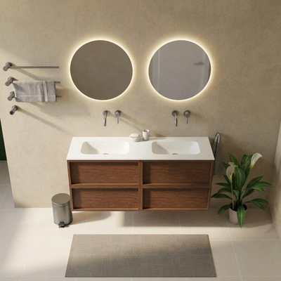 Saniclass Holz Frame Ensemble de meubles de salle de bains - 140x45x61.5cm - Vasque Flow en solid surface blanc - 2 vasques - sans trous de robinetterie - 4 tiroirs - walnut pure mat (bois)