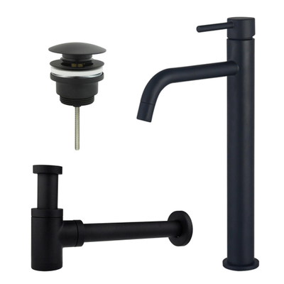 FugaFlow Eccelente Sobrado Slim Slim Kit mitigeur lavabo - robinet rehaussé - bonde clic clac - siphon design bas - Noir mat