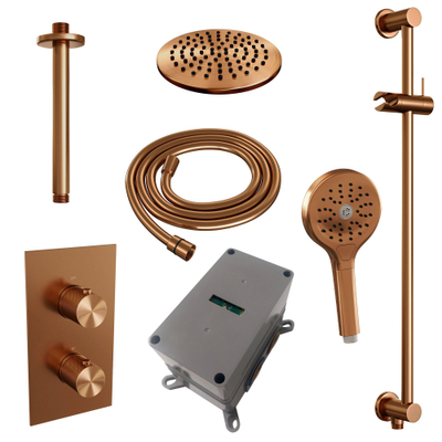 Brauer Copper Carving Douche pluie thermostatique avec pommeau 20cm et bras plafond 20cm et douchette Rond 3 jet flexible lisse avec coude mural courbé Cuivre brossé PVD